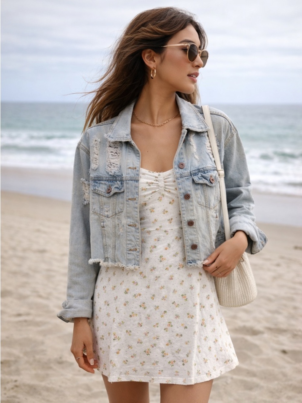 Wild Fable Oversized Cropped Distressed Light Blue Denim Jacket - Women's
